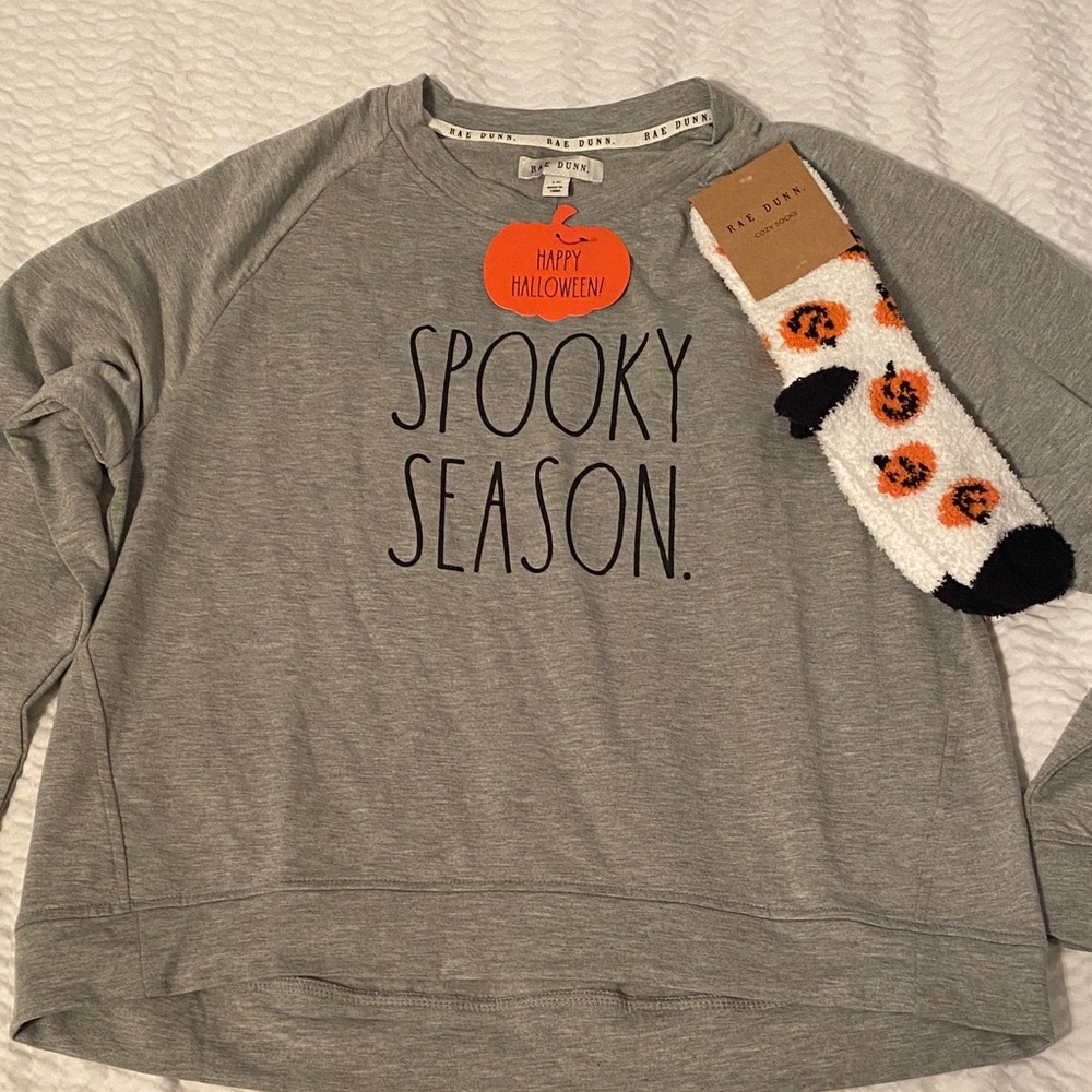 Rae Dunn Gray Sweatshirt with Halloween Socks